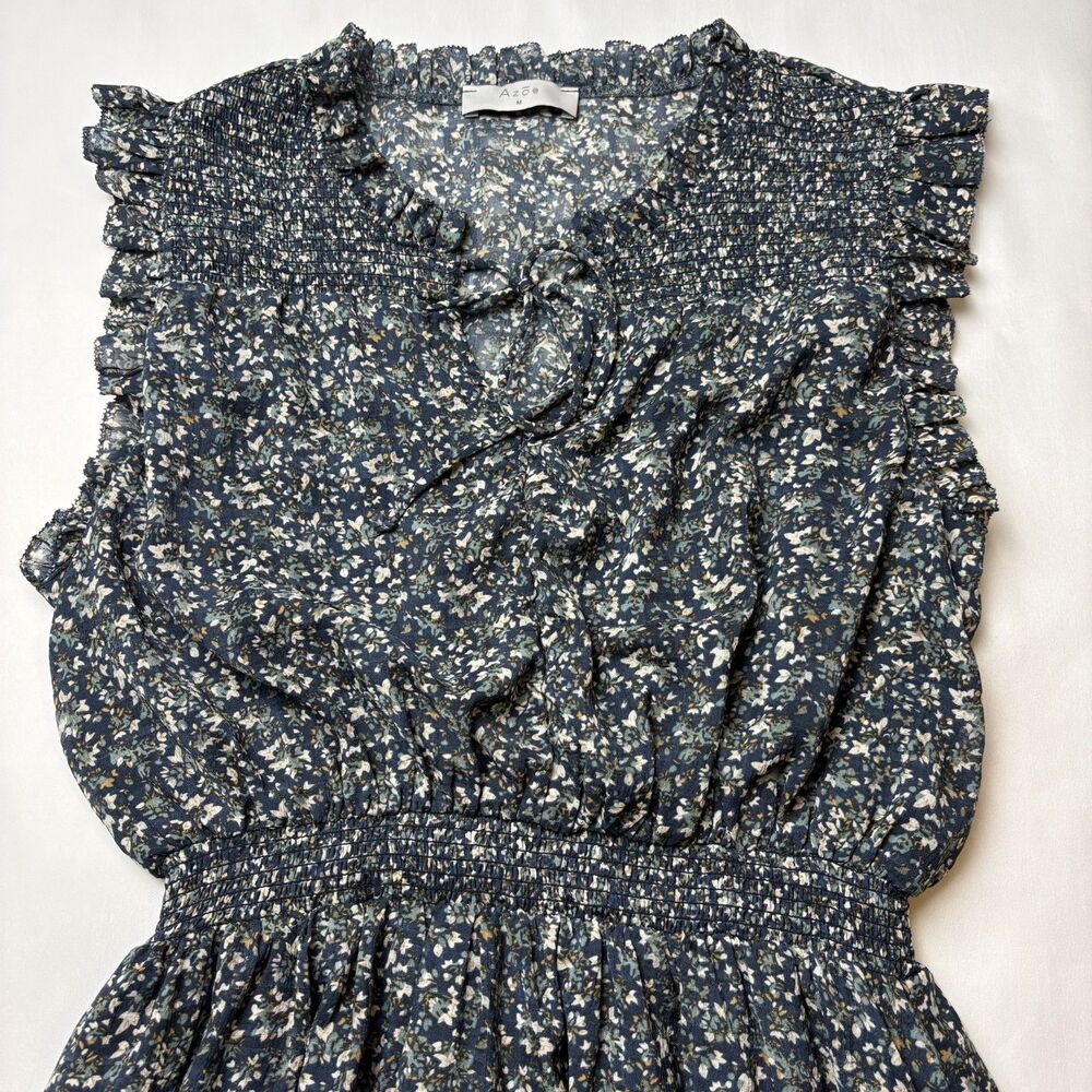Azoe Navy Floral Smocked Ruffle Dress Size M Cottagecore Boho